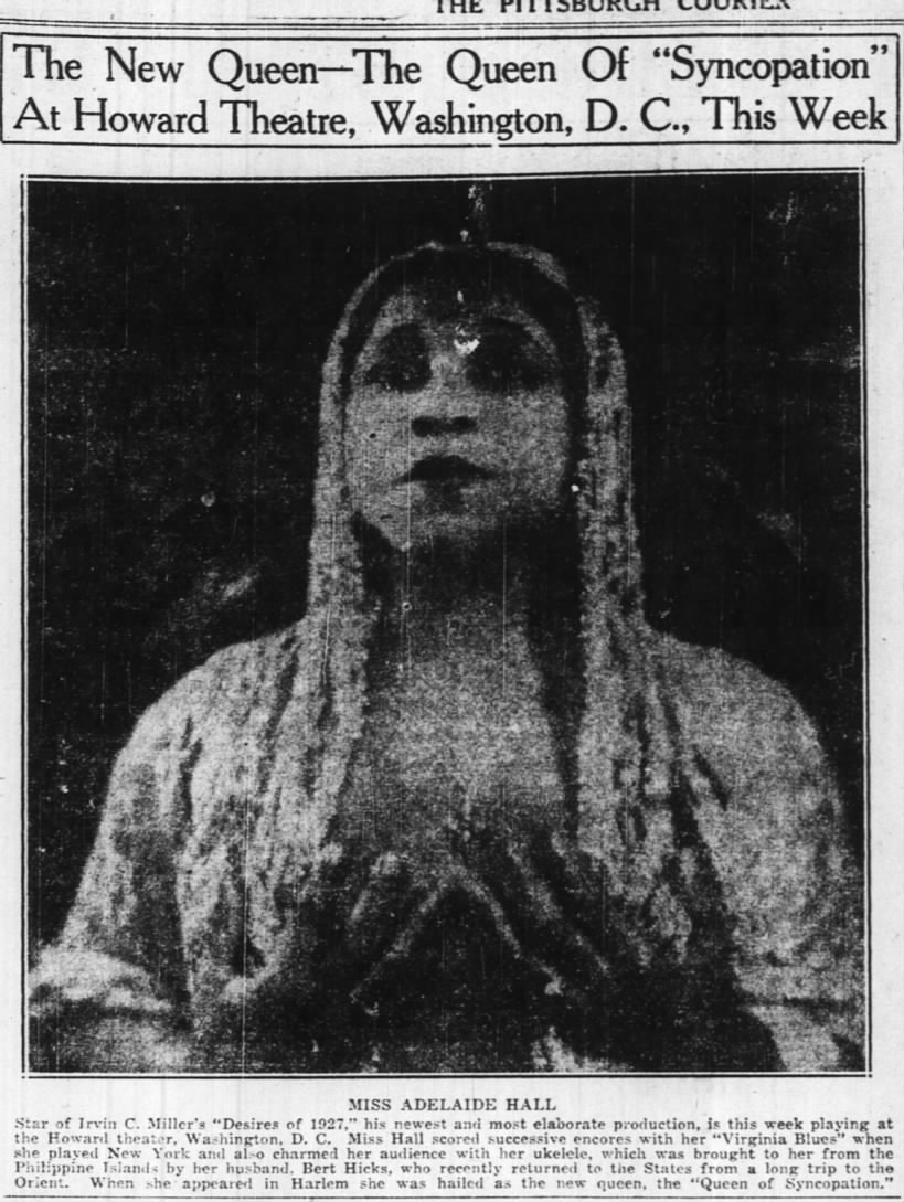 A 1926 newspaper clipping with a portrait of Adelaide Hall in a beaded head covering and a headline advertising her theatre appearance.