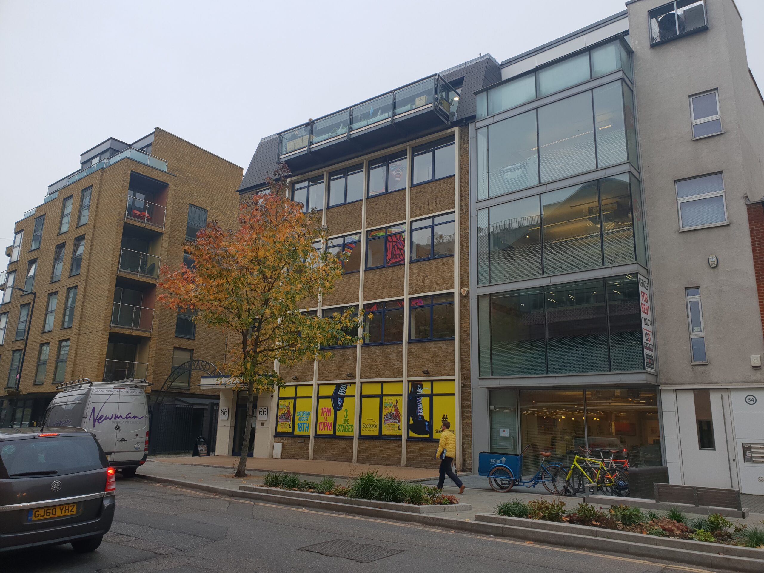 The Africa Centre’s Southwark premises, with colourful festival posters in the ground-floor windows.