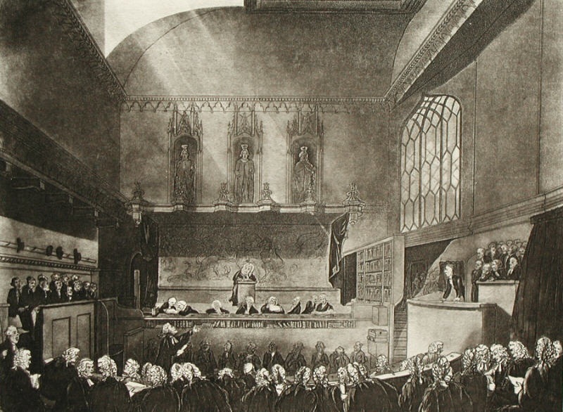 A historical print showing judges, lawyers and spectators inside the Court of King’s Bench.