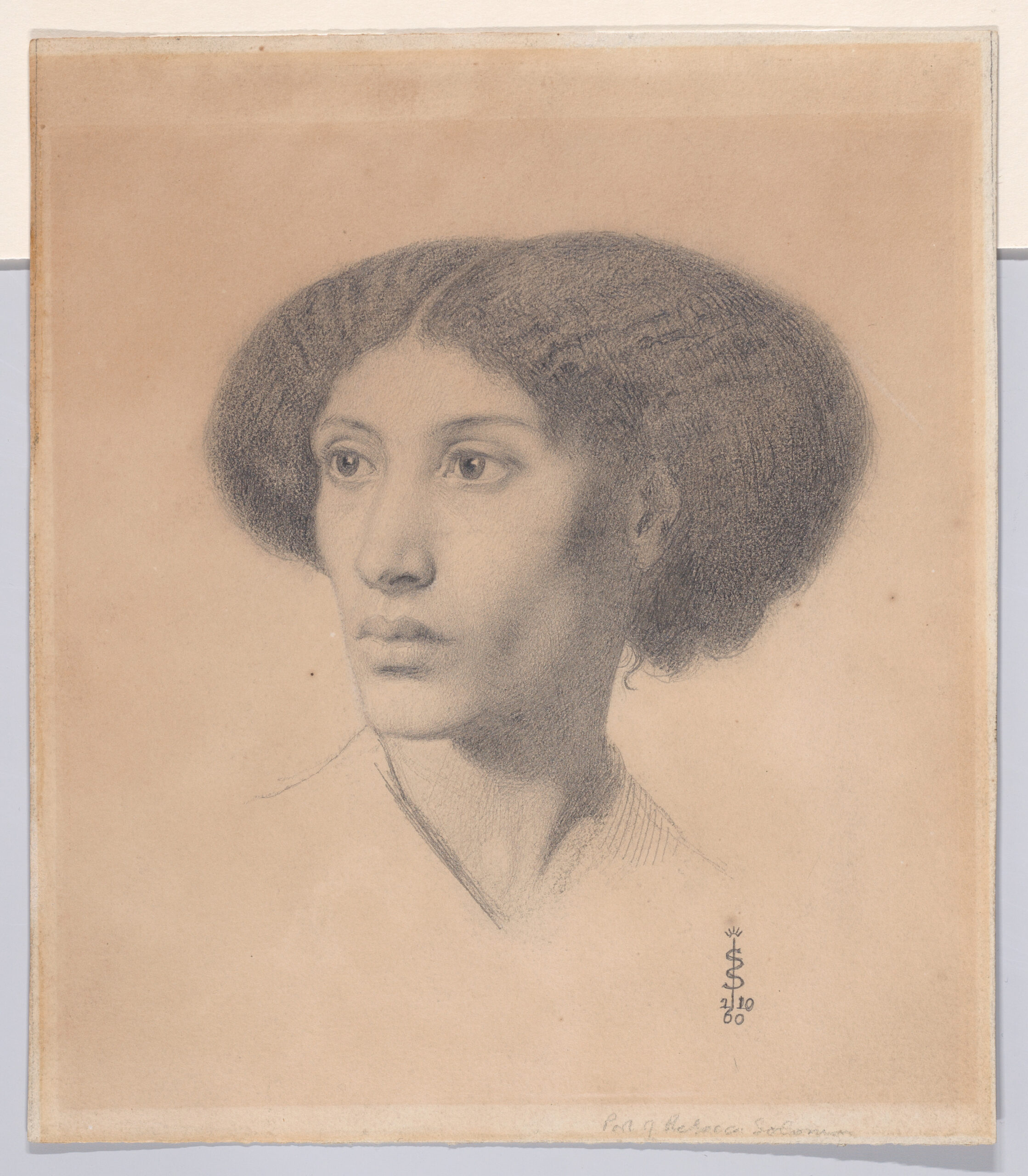 Graphite portrait of Fanny Eaton by Simeon Solomon, with her head turned slightly to one side.