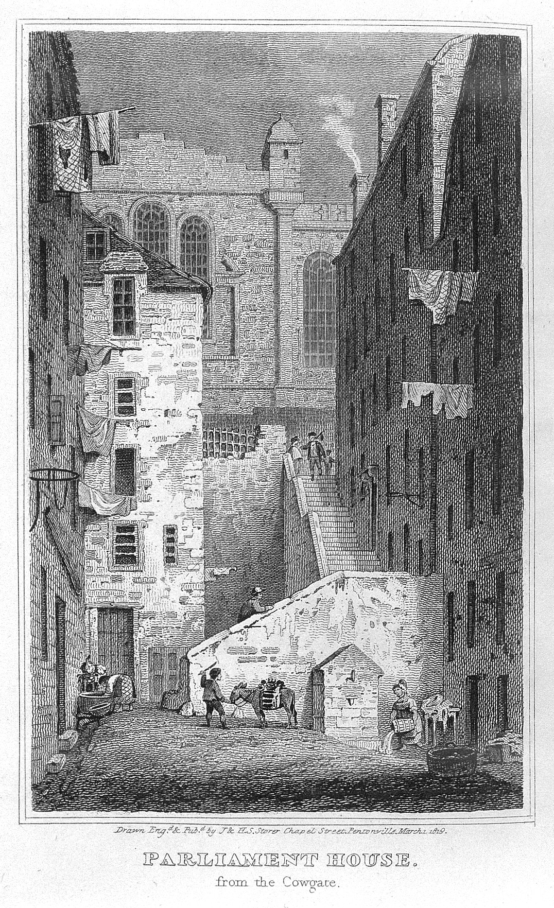 Engraving of the tall walls and surrounding buildings of Parliament House, Edinburgh, seen from the Cowgate.