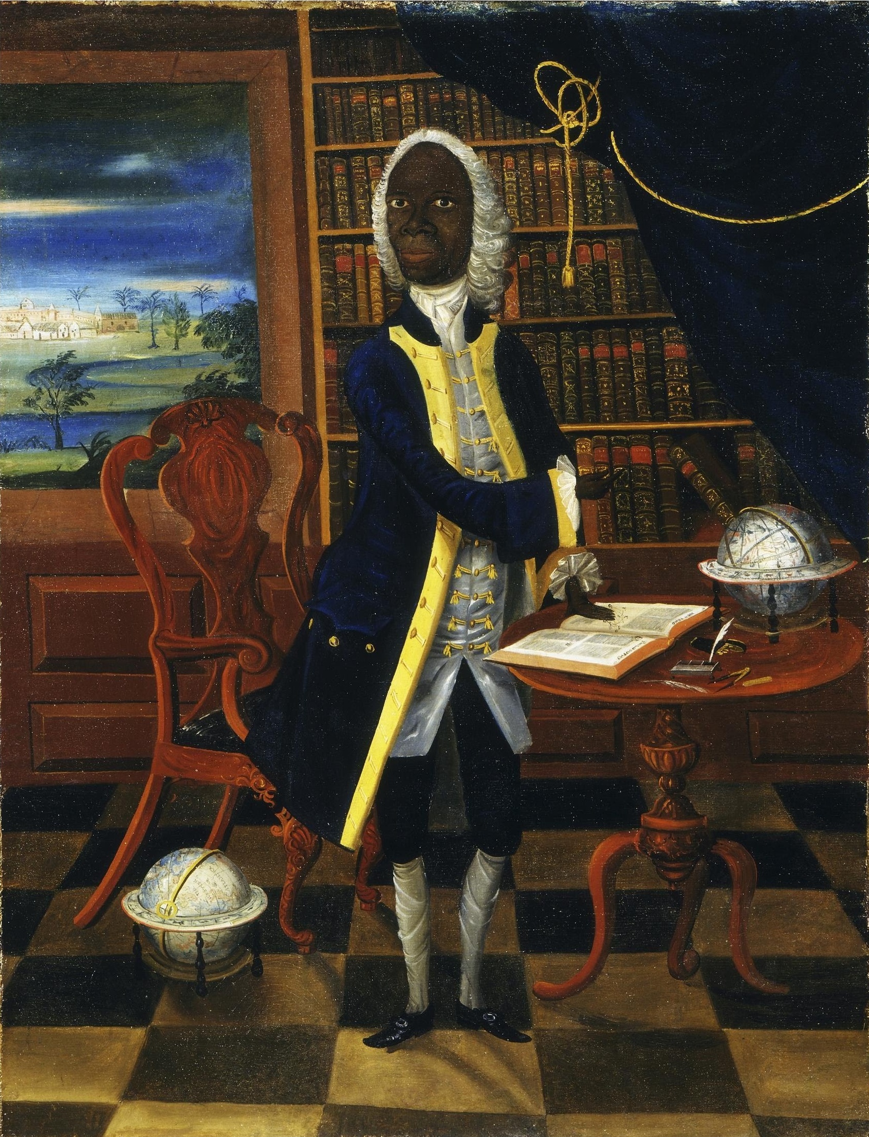 Francis Williams stands in a book-lined room with one hand resting on an open book, beside a globe.