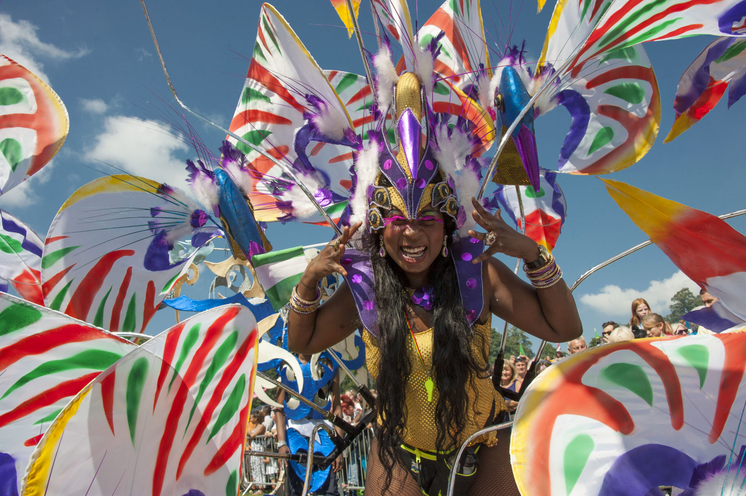 A performer wearing a colourful feathered headdress and large patterned wings at Leeds West Indian Carnival.