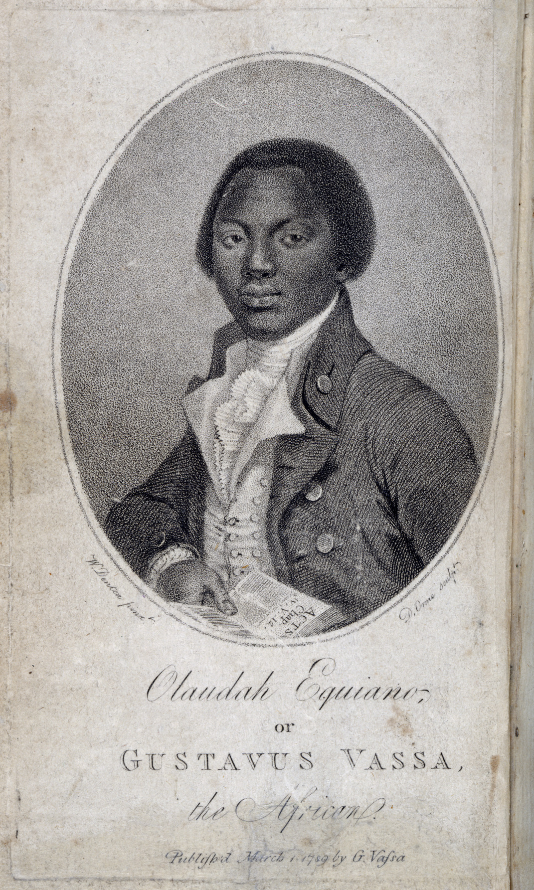 Engraved portrait of Olaudah Equiano holding an open book, from his 1789 autobiography.
