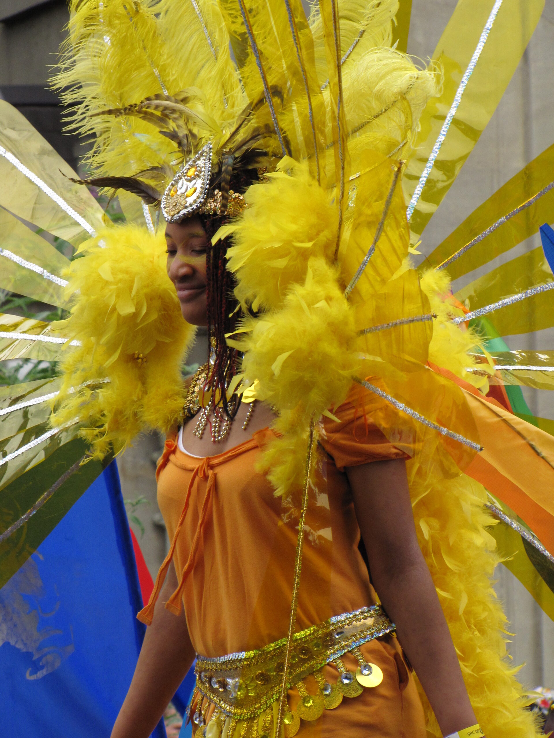 A participant in a yellow feathered costume during the St Pauls Carnival mas parade in 2009.