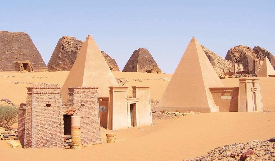 A modern view of stone pyramids at Meroe in Sudan.