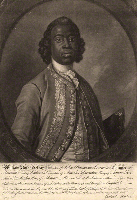 Engraved portrait of William Ansah Sessarakoo wearing an embroidered coat and neckcloth.