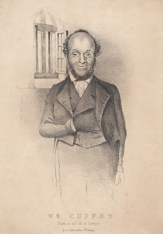 Lithographic portrait of William Cuffay standing in a coat and waistcoat, with a barred cell window behind him.