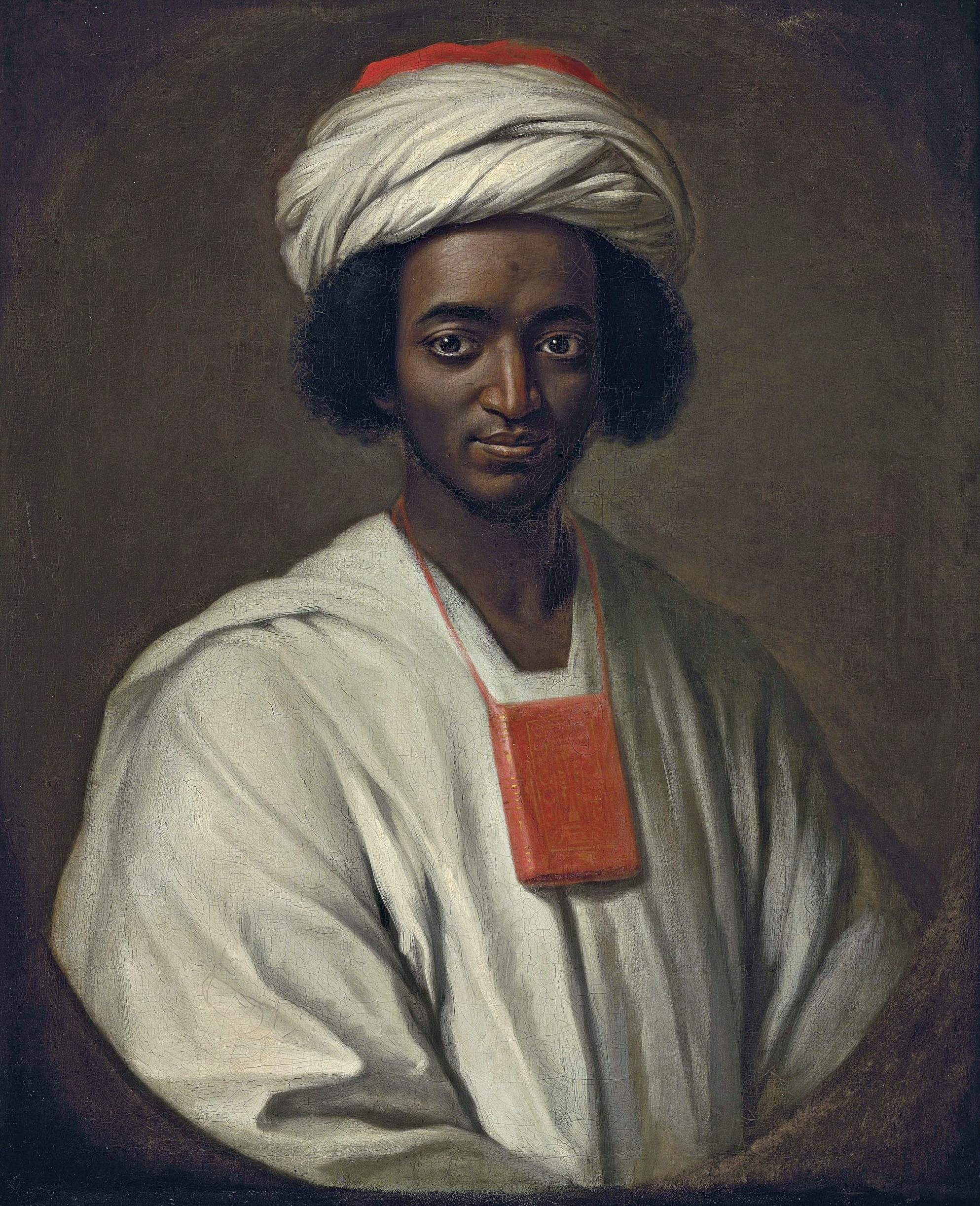 Painted portrait of Ayuba Suleiman Diallo in pale robes and a turban, with a small book suspended at his chest.