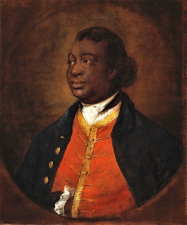 Thomas Gainsborough's portrait of Ignatius Sancho wearing a dark coat over a red waistcoat with gold trim.
