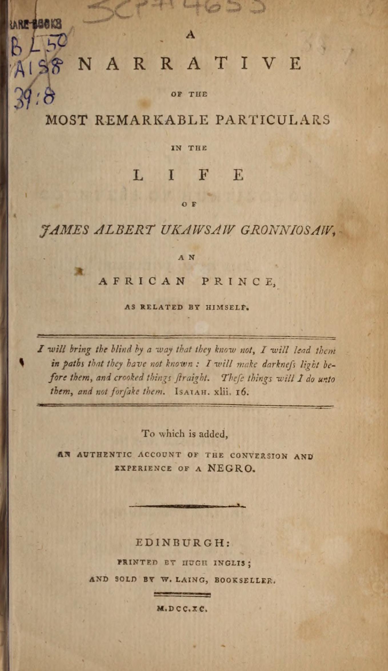 Title page naming James Albert Ukawsaw Gronniosaw and his Narrative, printed at Edinburgh in 1790.