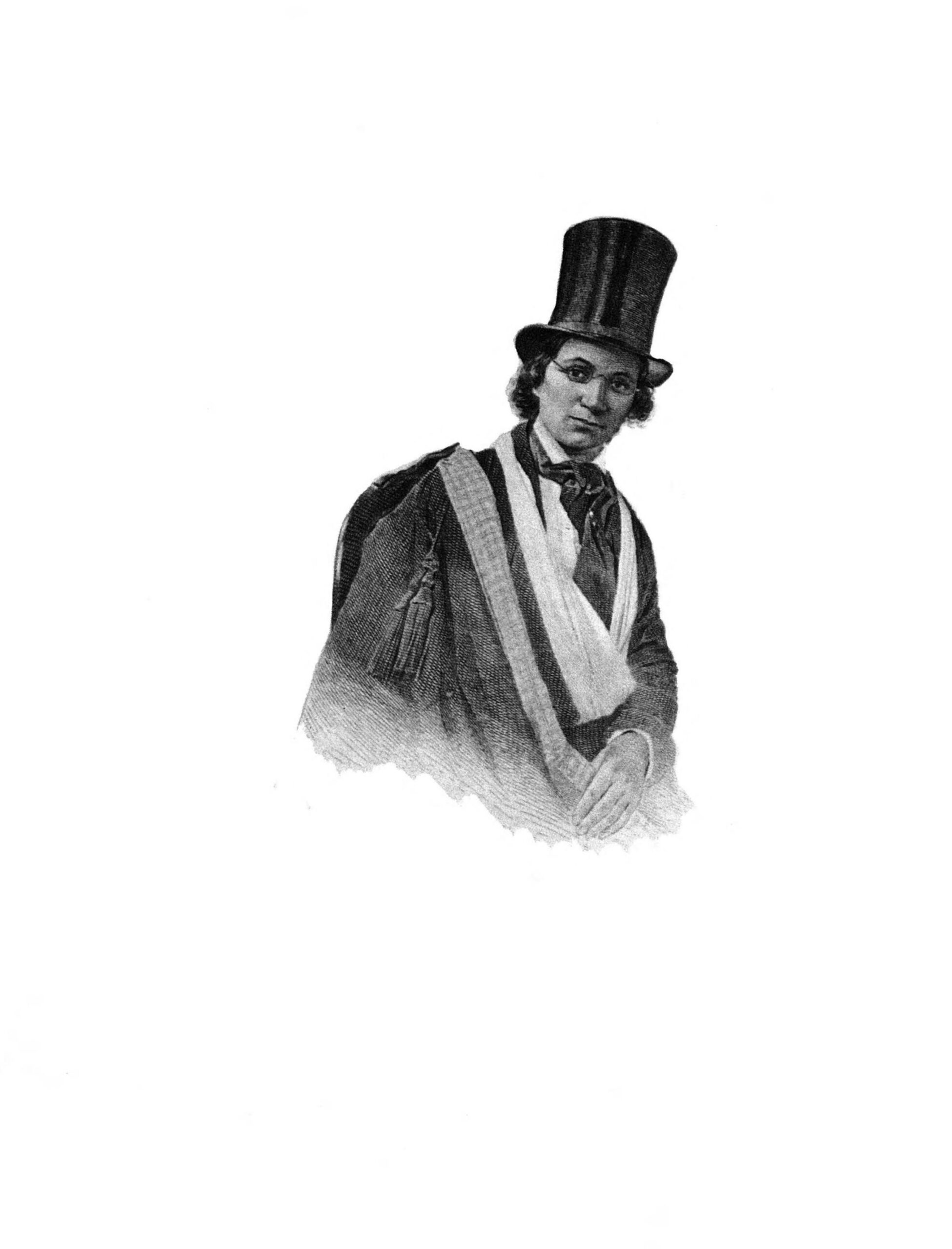 An illustration of Ellen Craft in male travelling clothes, spectacles and a top hat, with one arm supported in a sling.